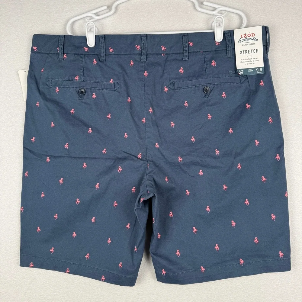 NEW Izod Saltwater Mens 42 Flamingo AOP Shorts Navy Blue Flat Front Chino - Picture 2 of 6